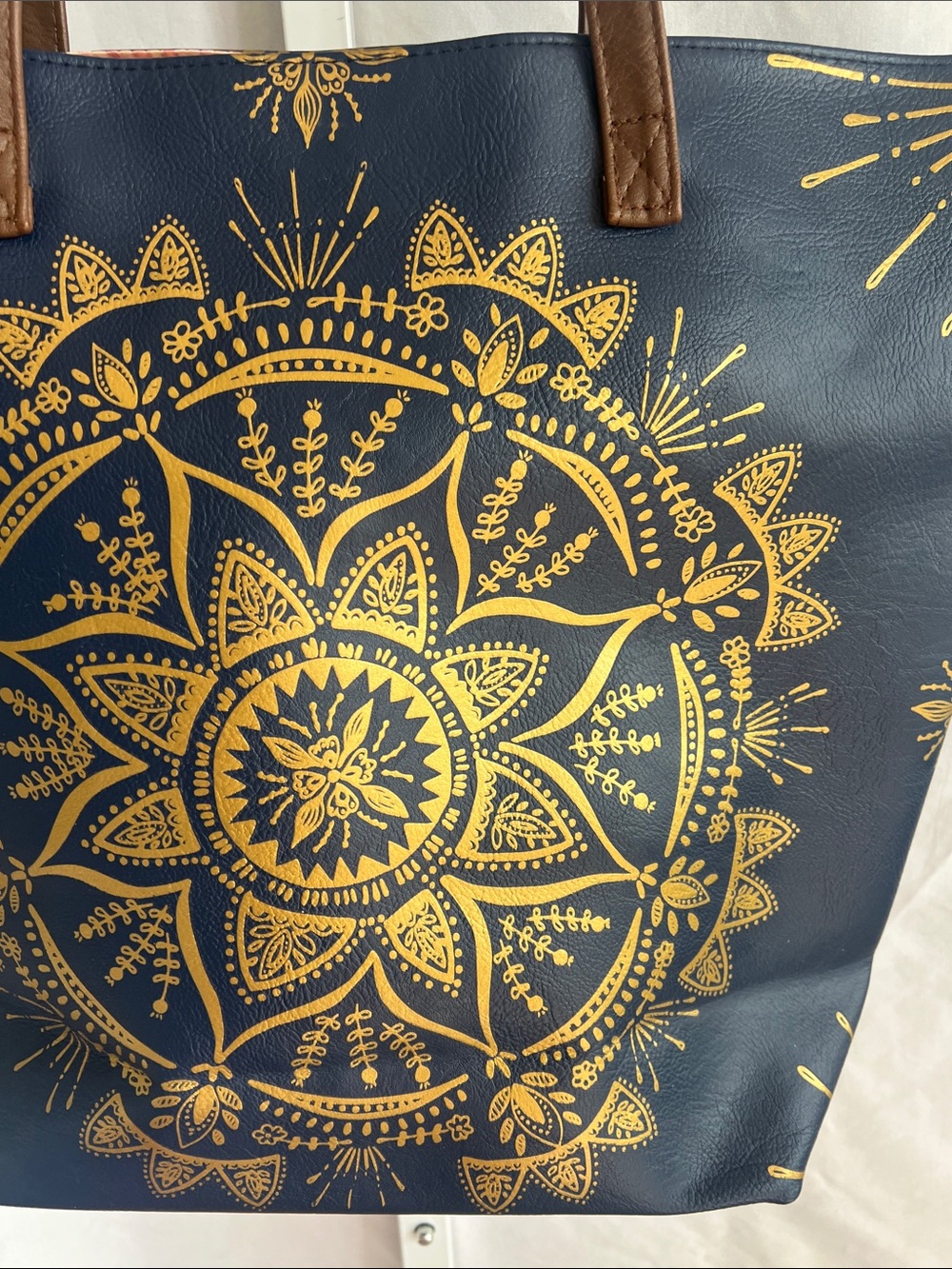 Papaya Navy Tote with Gold Mandala and Brown Straps Pink Satan Lined - Picture 13 of 16
